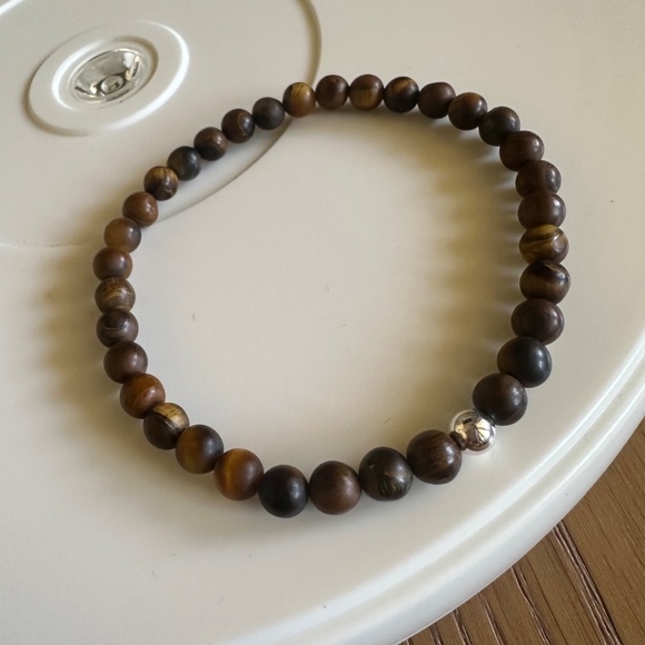 Matte Brown Tiger Eye Stretch Bracelet with Sterling Silver Ball Spacer - Picture 3 of 7